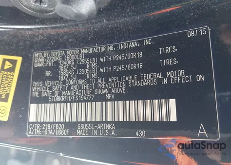 2015 Toyota Highlander Le V6 z USA, uszkodzony, nr VIN 5TDBKRFH7FS194777